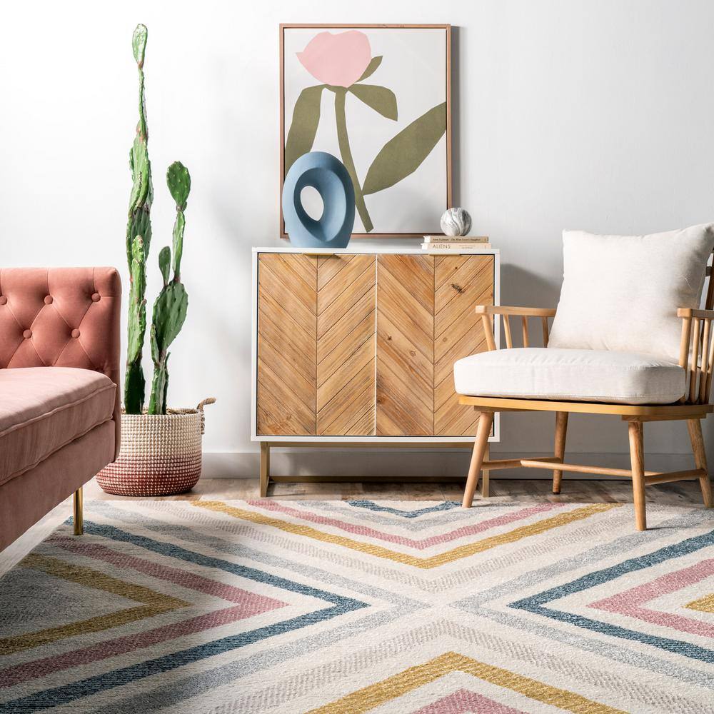 Neveah Beige Geometric Chevron Runner Rug, 2' 8" x 8'