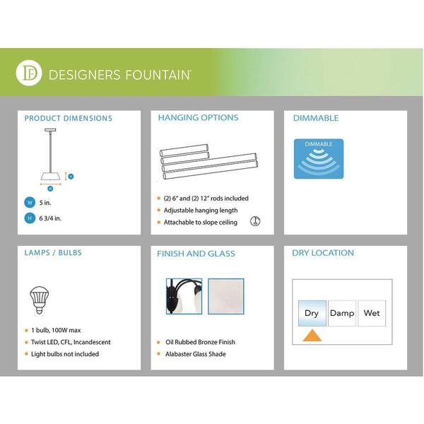 Designers Fountain - Torino 60-Watt 1-Light Oil Rubbed Bronze Transitional Mini Pendant Light with Alabaster Glass Shade, No Bulbs Included