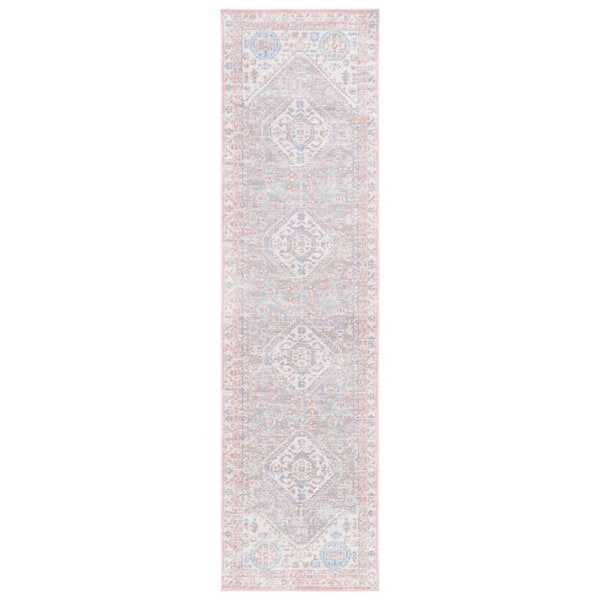SAFAVIEH Bayside Ivory/Blue Pink 2 ft. x 12 ft. Machine Washable Traditional Medallion Runner Rug