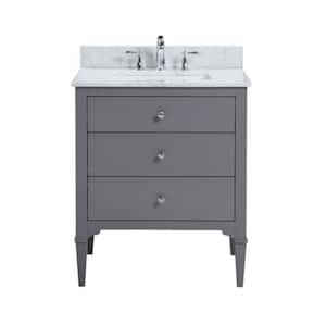 Raya 30 in. Freestanding Bathroom Vanity in Gray with Vanity Top in Natural White Carrara Marble with White Basin