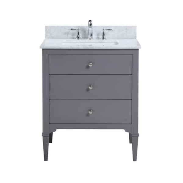 Belvedere Bath Raya 30 in. Freestanding Bathroom Vanity in Gray with Vanity Top in Natural White Carrara Marble with White Basin