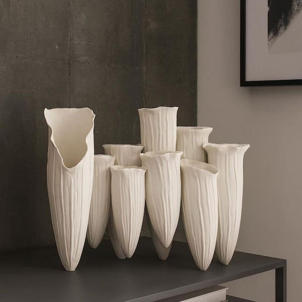 Beige 10.5 in. Handcrafted White Geometric Tulip Modern Sculptural Ceramic Vase