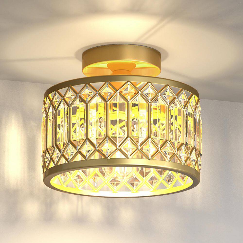 1-Light Brass Semi Flush Mount Ceiling Light with Drum Crystal Shade E26 Modern Ceiling Lamp form Living Room Hallway price history on PriceWatchPro