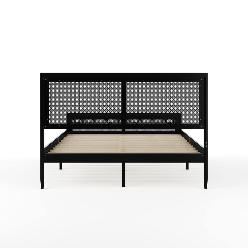Black Queen Size Wood Platform Bed with Rattan Headboard and Footboard