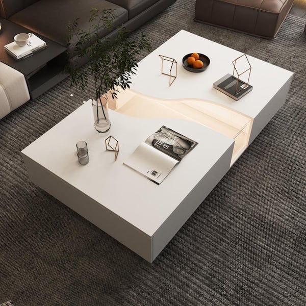 55.1 in. W White Rectangle Wooden End Table, Side Table, Coffee Table with 2-Drawers and Visable Decored Light