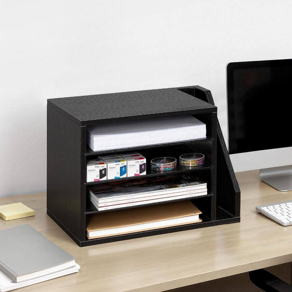 11.02 in. H x 9.25 in. W Black Literature Organizer 4-Compartment Mailbox, Side Vertical Wooden Sorter, Desk Accessories