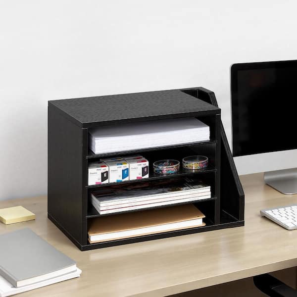 11.02 in. H x 9.25 in. W Black Literature Organizer 4-Compartment Mailbox, Side Vertical Wooden Sorter, Desk Accessories