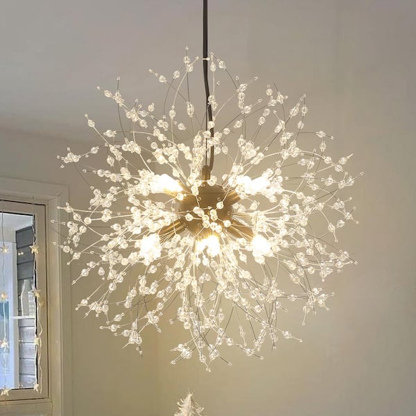 LWYTJO 8-Light Black Modern Glam Crystal Firework Pendant Sputnik Starburst Unique Sphere Chandelier with 32 Crystal Strands
