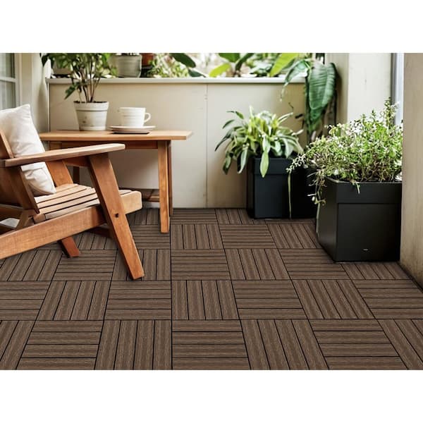 WRIGHTMASTER 0.98 ft. x 0.98 ft. Wood and Plastic Composite Deck Tile Interlocking in Walnut Light Wood Grain (19 sq. ft. Per Box)