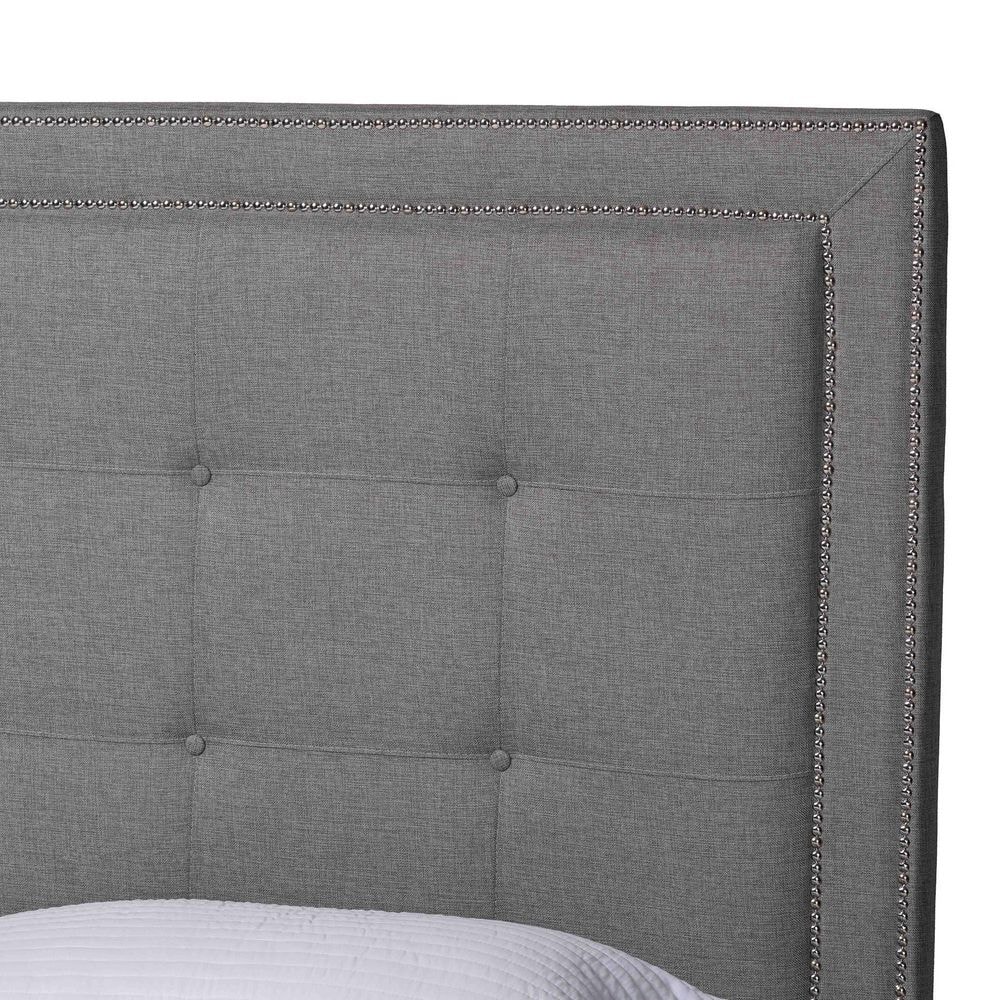 Elegant Gray Linen King Platform Bed with Tufted Headboard and Nailhead Trim