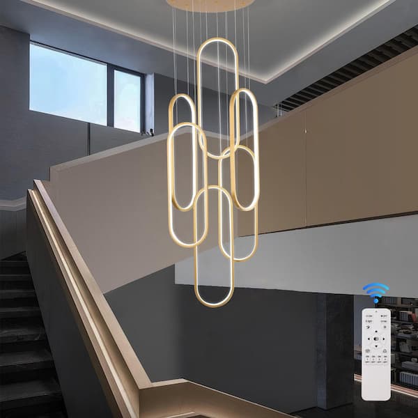 Modern LED Chandelier 6 Ring Dimmable Gold High Ceiling Chandeliers with Remote Control for Foyer Entryway Staircase