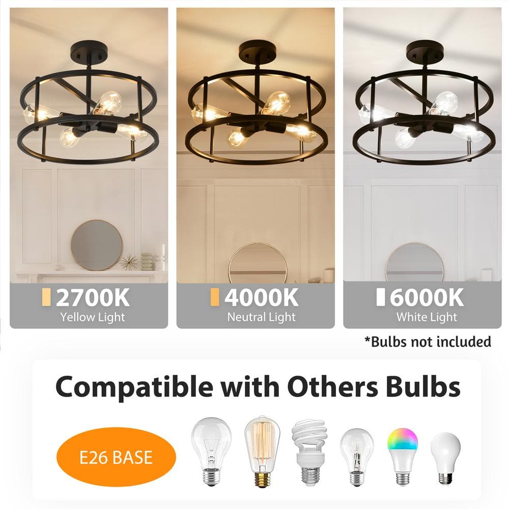 16.54'' Matte Black Metal Drum Semi-Flush Mount Ceiling Light