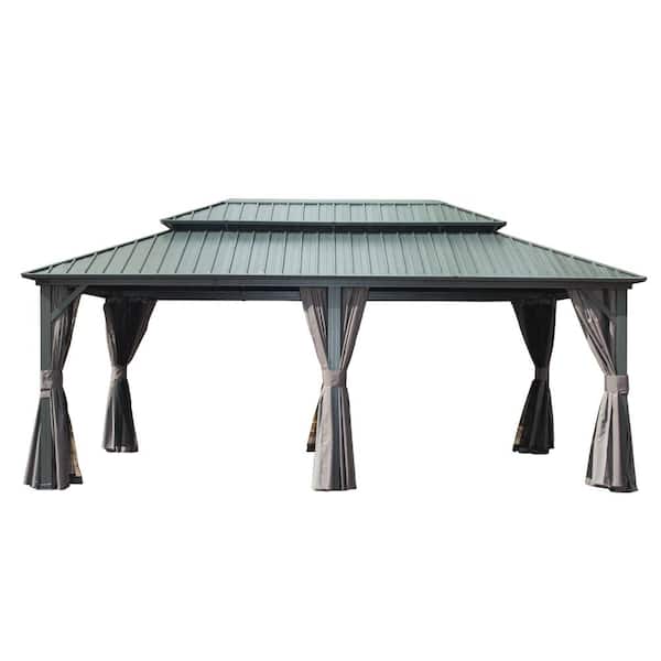 Coporesell 12 ft. x 20 ft. Outdoor Gray Aluminum Hardtop Gazebo with Galvanized Steel Double Roof with Curtain and Netting