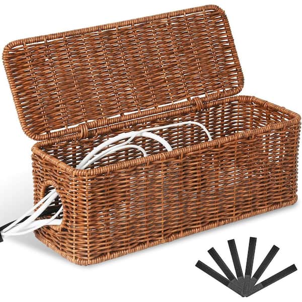 Handmade Cable Management Box Rattan Cord Organizer Two Open Slots Under Desk for TV Wire Router Power Strip Office Home