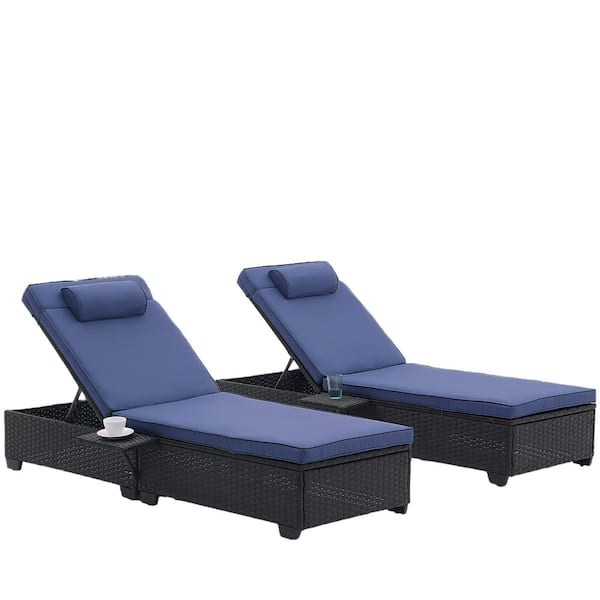FASHION FINESSE LLC 2-Piece Wicker Outdoor Chaise Lounge with Navy Blue Cushions, Folding Side Table and Head Pillows
