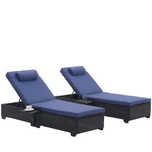2-Piece Wicker Outdoor Chaise Lounge with Navy Blue Cushions, Folding Side Table and Head Pillows