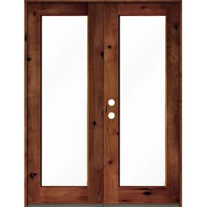 72 in. x 96 in. Rustic Knotty Alder Wood Clear Full-Lite Red Chestnut Stain Right Active Double Prehung Front Door