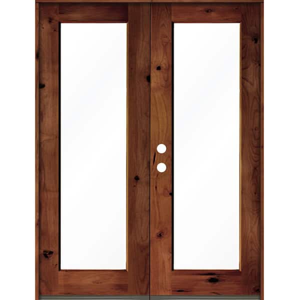 72 in. x 96 in. Rustic Knotty Alder Wood Clear Full-Lite Red Chestnut Stain Right Active Double Prehung Front Door