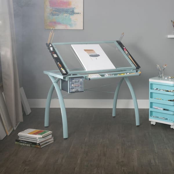 Futura Craft Station 38 in. W Sage/Clear Glass Metal and Glass Craft Table with Storage and Angle Adjustable Top