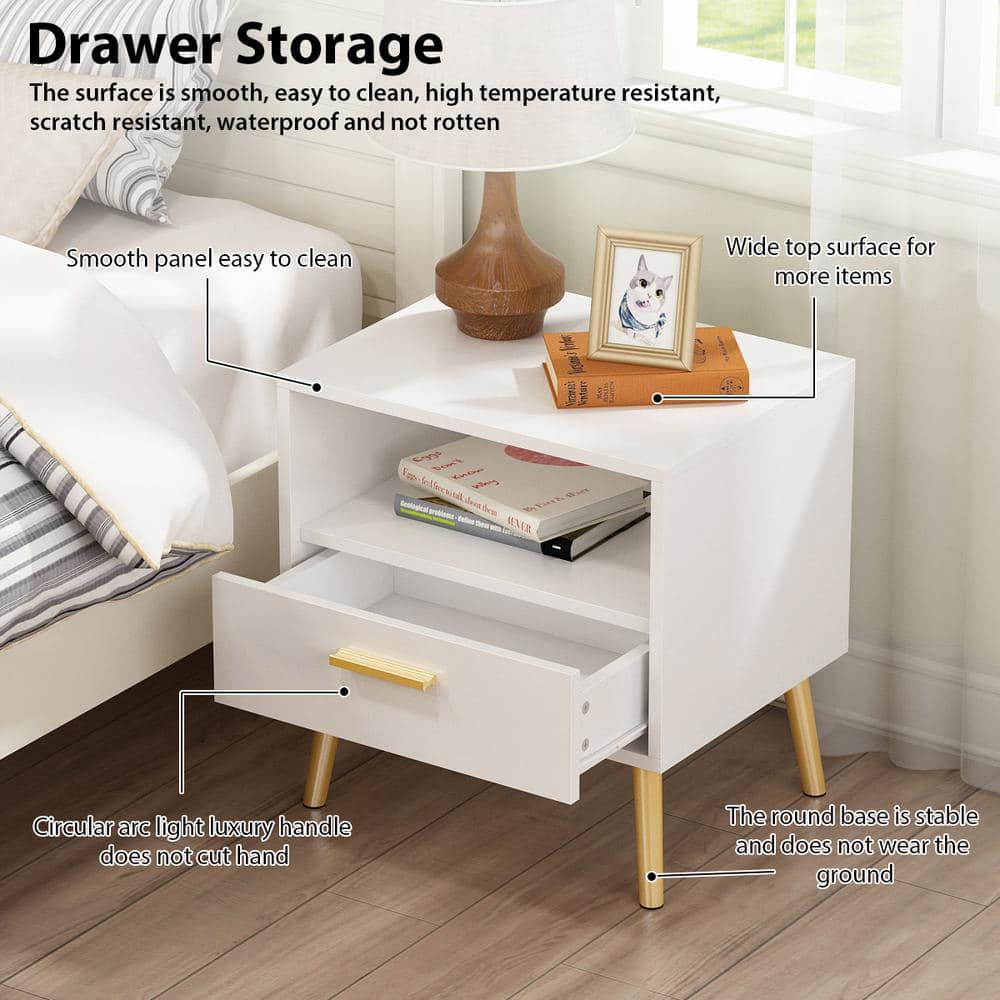 White Particle Board Nightstand with Drawer and Open Compartment