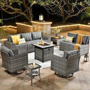 Tahoe Grey 10-Piece Wicker Swivel Rocking Outdoor Patio Conversation Sofa Set with a Fire Pit and Striped Grey Cushions