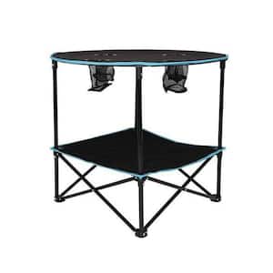 Folding Table, Travel Camping Picnic Collapsible Round Table with 4 Cup Holders and Carry Bag (Black And Blue)