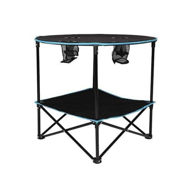 Misopily Folding Table, Travel Camping Picnic Collapsible Round Table with 4 Cup Holders and Carry Bag (Black And Blue)