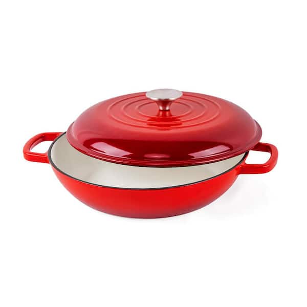 3 qt. Enamel Cast Iron Dutch Oven with Lid - Red, White Glazed Interior, Widened Handle, Oven Safe up to 500°F