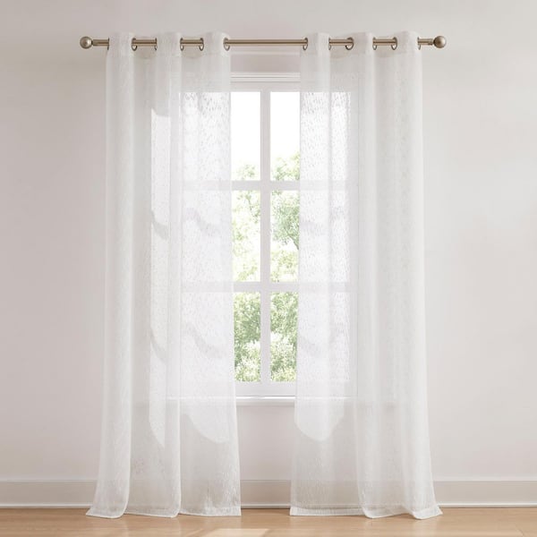 Aileen Textured Raindrop White Polyester 38 in. W x 84 in. L Metal Grommets Sheer Curtain (Set of 2)