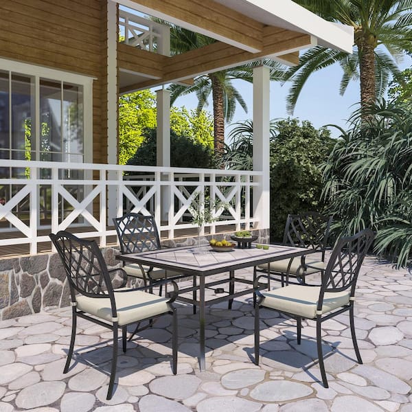 CASAINC Cast Aluminum 5-Piece Outdoor Patio Dining Set with Ceramic Tile Top Table and Chairs