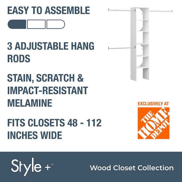 Style+ 72 in. W - 113 in. W White Narrow Wood Closet System