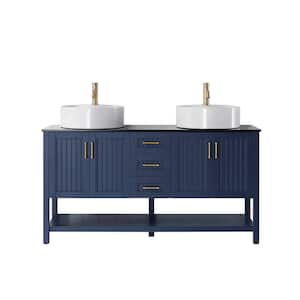 Modena 60 in. Vanity in Blue with Tempered Glass Top in Black with White Vessel Sink