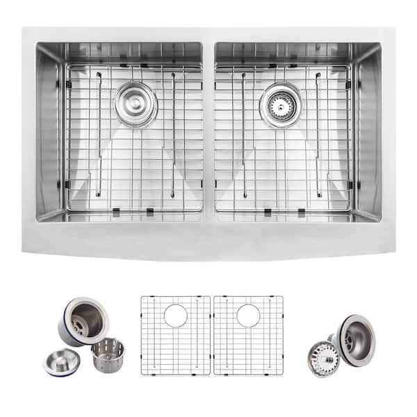 Glacier Bay Professional 33 in. Apron-Front 50/50 Double Bowl 16 Gauge Stainless Steel Kitchen Sink with Accessories