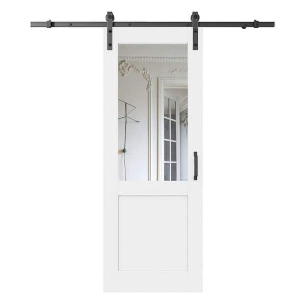 28 in. x 80 in. No Assembly Required 1/2-Lite Mirrored Glass White Primed MDF Sliding Barn Door with Hardware Kit