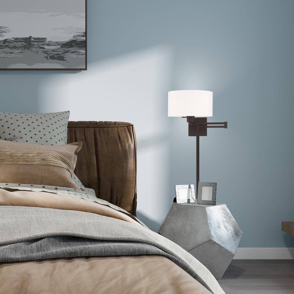 Transitional Bronze Swing Arm Wall Lamp with Off-White Fabric Shade