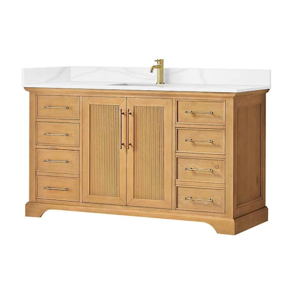 Tokyo 60 in. W. x 22 in. D x 44 in. H Single Bath Vanity in Oak Natural Brown with Silk White Quartz Stone Top