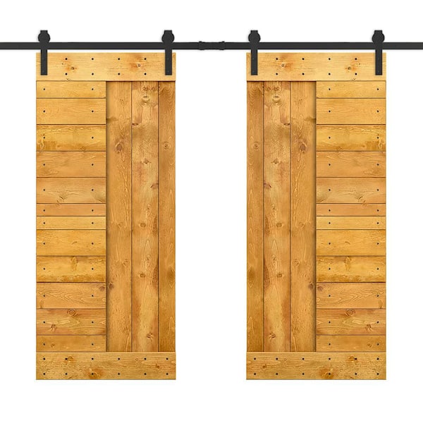 CALHOME 60 in. x 84 in. Colonial Maple Stained DIY Knotty Pine Wood Interior Double Sliding Barn Door with Hardware Kit
