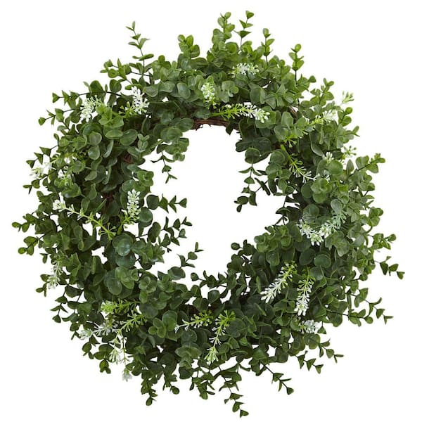 Nearly Natural 18 in. Artificial Eucalyptus Double Ring Wreath with Twig Base