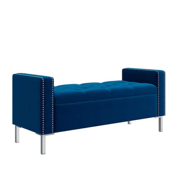 Handy Living Navy Blue Plush Velvet Fabric Modern Square Arm Rectangle Storage Bench 52 in. Ottoman with Nailheads and Tufted Top