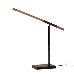 35 in. Port Table Lamp Matte Black, Natural Ash Wood Finish, USB, Touch Dimmer Switch