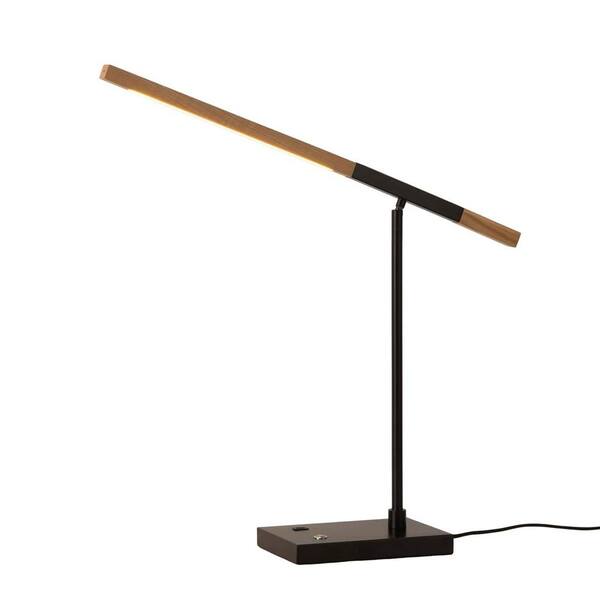 NOVA of California 35 in. Port Table Lamp Matte Black, Natural Ash Wood Finish, USB, Touch Dimmer Switch