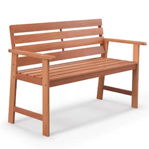 2-Person Wood Outdoor Bench Patio Hardwood Chair with Slatted Seat and Inclined Backrest