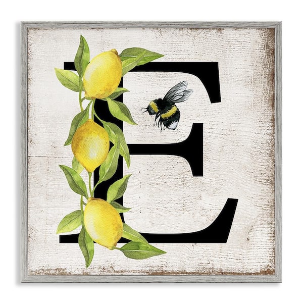 Lemon and Bee E Letter by Creatif Belle Gray Framed Animal Giclee Art Print 17 in. x 17 in.