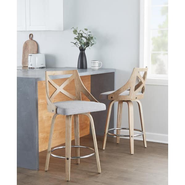 Charlotte 25.5 in. Grey Fabric, White Washed Wood and Chrome Metal Fixed-Height Counter Stool Round Footrest (Set of 2)