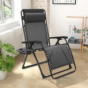 Outdoor Patio Zero Gravity Folding Reclining Lounge Metal Lawn Chair with Cup Holder in Black