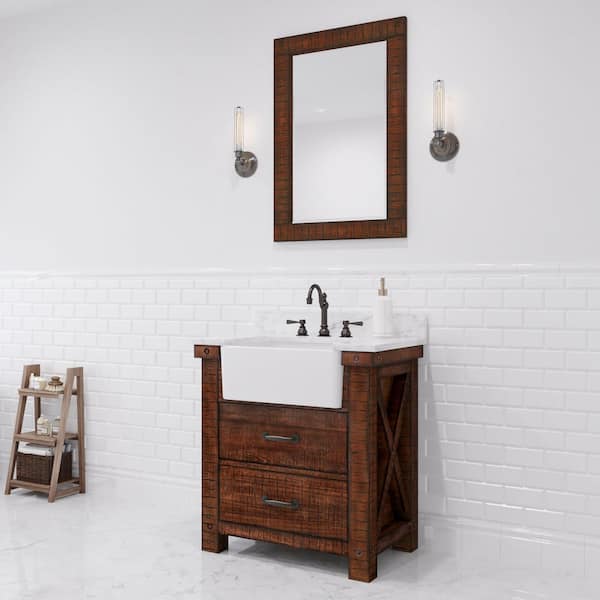 Water Creation Paisley 31 in. W x 22 in. D Vanity in Rustic Sienna with Marble Vanity Top in White with White Basin, Faucet and Mirror