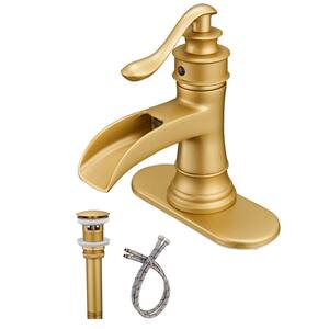 Waterfall Single Hole Single-Handle Low-Arc Bathroom Faucet With Pop-up Drain Assembly In Brushed Gold