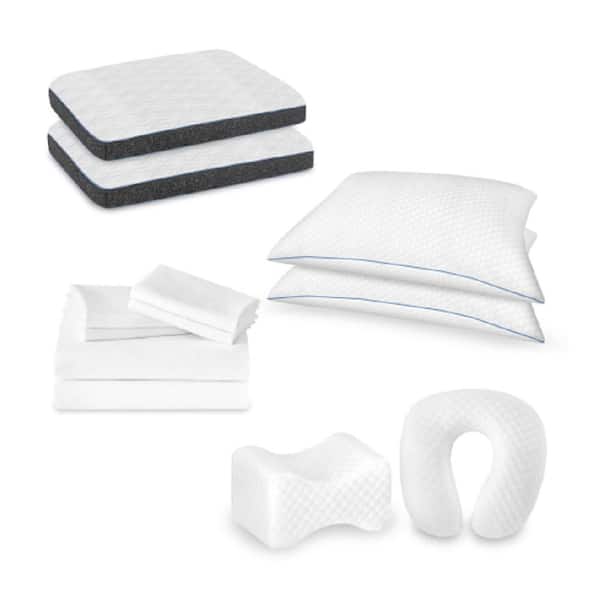 12-Piece White Cotton Full Size Bedding Sheet Set with Memory Foam and Shredded Pillows, Knee and Bolster Support