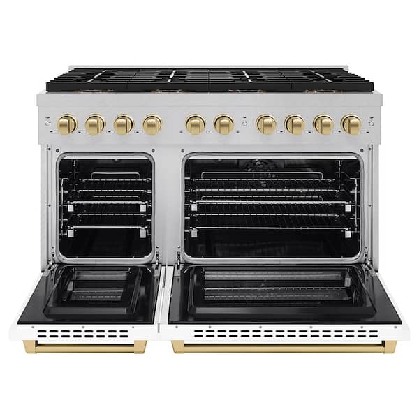 Autograph 48 in 6.7 cu. ft. Dual Fuel Range with 8-Burner Cooktop and Dual Ovens in Satin with White Matte and Champagne