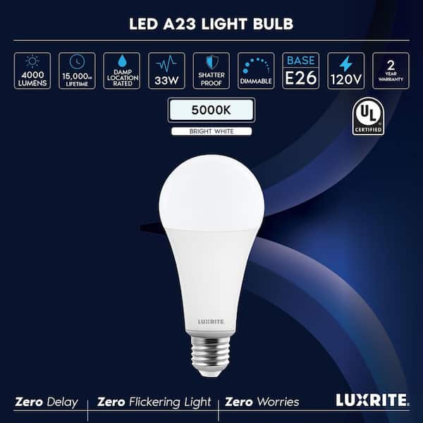 300-Watt Equivalent A23 LED Light Bulb 4000LM Dimmable 5000K, E26, A-Style,120-Volt, Damp Rated Shatter-Proof, UL 2-Pack